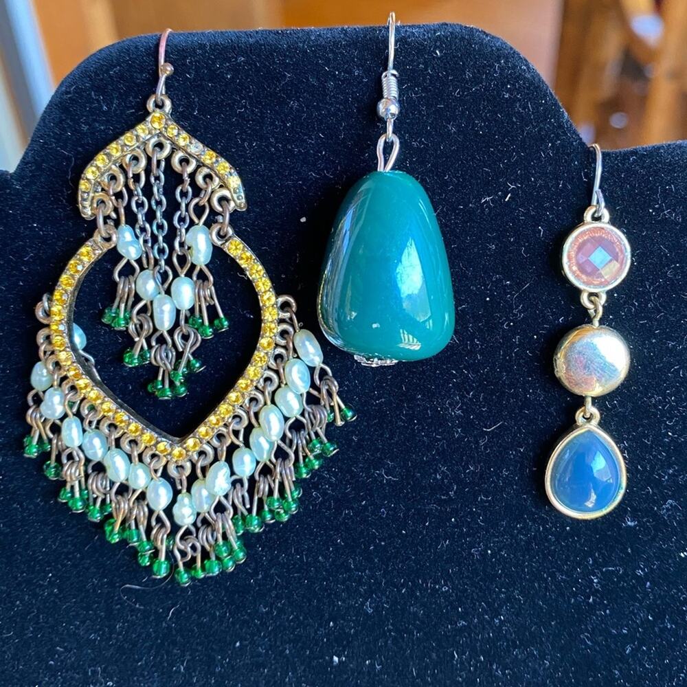 3pc lot of Green tone dangle earrings pearls & glass beaded ethnic tribal